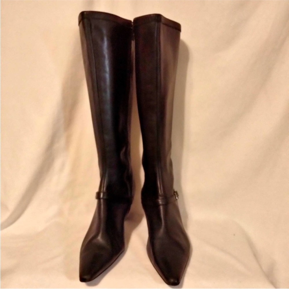 Anne Klein Black Leather Kitten Heel Knee High CHIME Boots 10M
